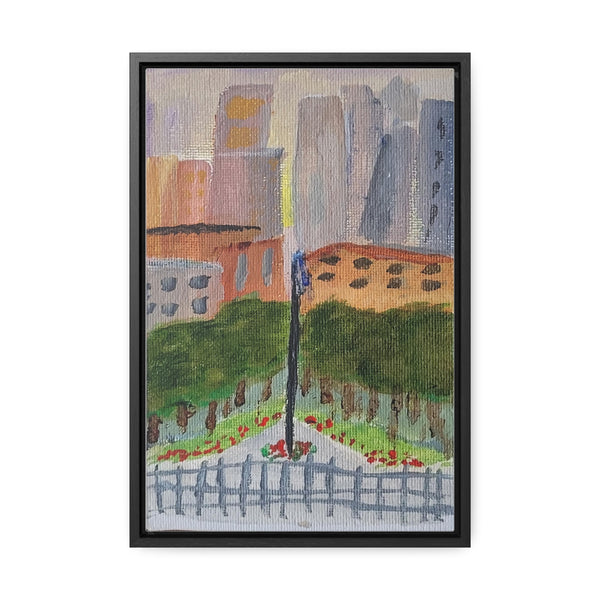 A view in New York City, a reproduction of an original small acrylic painting by Naama Zahavi-Ely, painted July 2023.  Gallery Canvas Wraps, Vertical Frame
