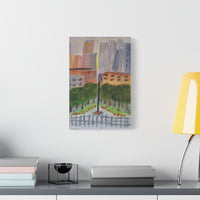 A view in New York City, a reproduction of a small original acrylic painting by Naama Zahavi-Ely, painted July 2023.  Classic Canvas