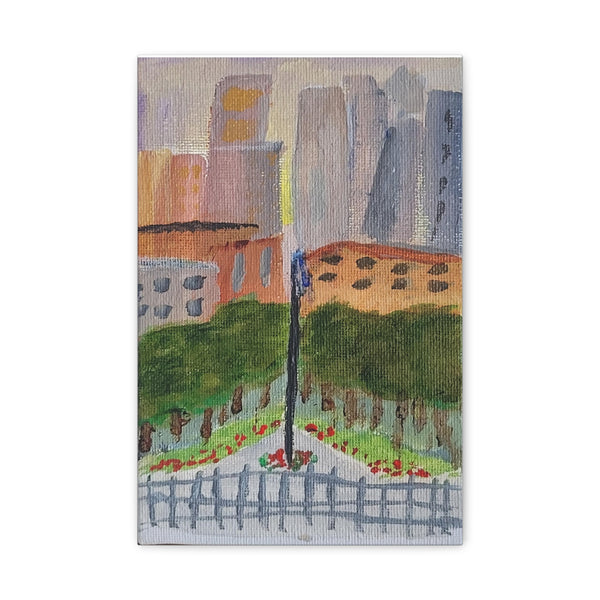 A view in New York City, a reproduction of a small original acrylic painting by Naama Zahavi-Ely, painted July 2023.  Classic Canvas