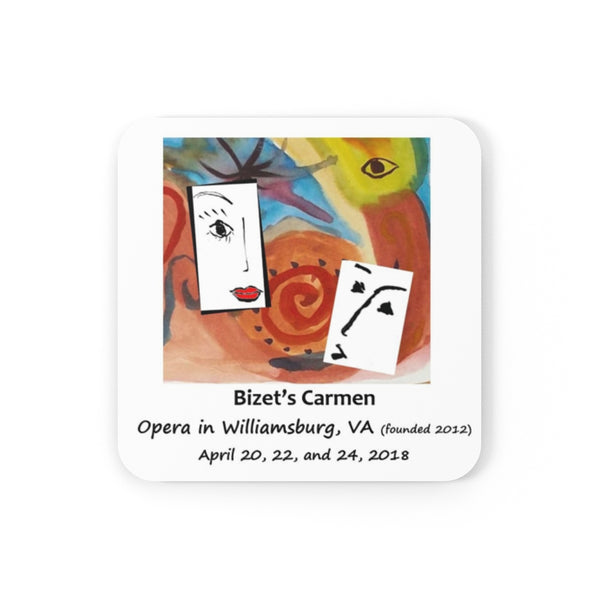 Cork back coaster with artwork from the poster for Opera in Williamsburg's Carmen, performed April 20, 22, and 24, 2018