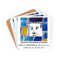 Cork back coaster with artwork from the poster for Opera in Williamsburg's Barber of Seville, performed October 20, 22, and 24, 2017