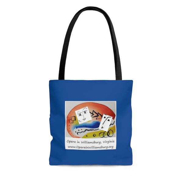 AOP Tote Bag with Opera in Williamsburg logo, blue background