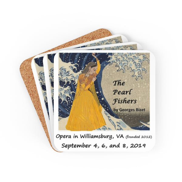 Cork back coaster with artwork from the poster for Opera in Williamsburg's The Pearl Fishers, performed September 4, 6, and 8, 2019