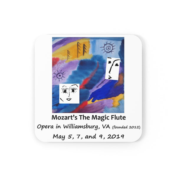 Cork back coaster with artwork from the poster for Opera in Williamsburg's The Magic Flute, performed May 5, 7, and 9, 2019