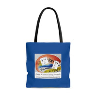 AOP Tote Bag with Opera in Williamsburg logo, blue background