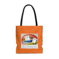 AOP Tote Bag with Opera in Williamsburg logo, orange background