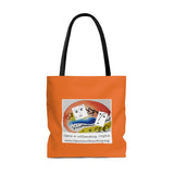 AOP Tote Bag with Opera in Williamsburg logo, orange background
