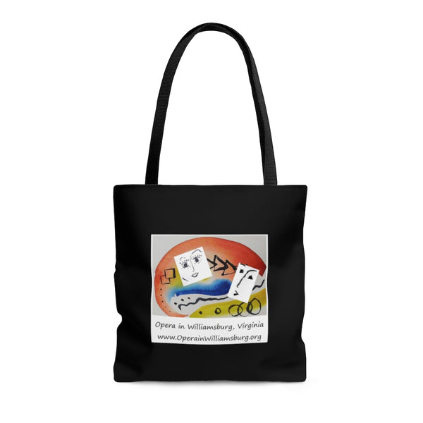 AOP Tote Bag with Opera in Williamsburg logo, black background