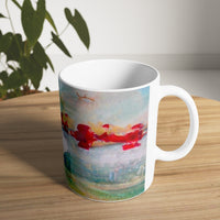 Cosi backgrounds 11, Opera in Williamsburg Virginia, White Ceramic Mug, 11oz and 15oz, artwork by Roxane Revon