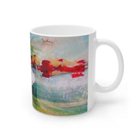 Cosi backgrounds 11, Opera in Williamsburg Virginia, White Ceramic Mug, 11oz and 15oz, artwork by Roxane Revon