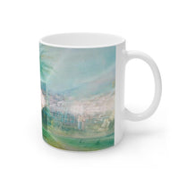 Cosi backgrounds 10, Opera in Williamsburg Virginia, White Ceramic Mug, 11oz and 15oz, artwork by Roxane Revon