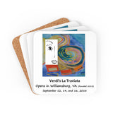 Cork back coaster with artwork from the poster for Opera in Williamsburg's La Traviata, performed September 12, 14, and 16, 2018