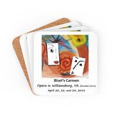 Cork back coaster with artwork from the poster for Opera in Williamsburg's Carmen, performed April 20, 22, and 24, 2018