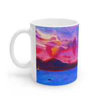 Cosi backgrounds 1, Opera in Williamsburg Virginia, White Ceramic Mug, 11oz and 15oz, artwork by Roxane Revon