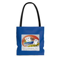 AOP Tote Bag with Opera in Williamsburg logo, blue background