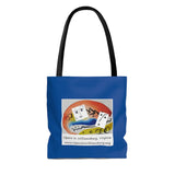 AOP Tote Bag with Opera in Williamsburg logo, blue background