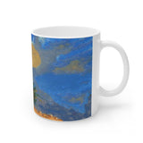 Cosi backgrounds 4, Opera in Williamsburg Virginia, White Ceramic Mug, 11oz and 15oz, artwork by Roxane Revon