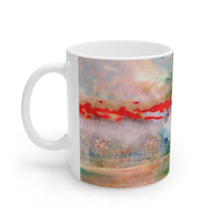 Cosi backgrounds 11, Opera in Williamsburg Virginia, White Ceramic Mug, 11oz and 15oz, artwork by Roxane Revon