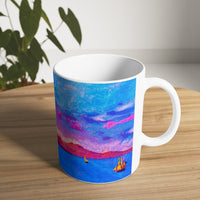 Cosi backgrounds 1, Opera in Williamsburg Virginia, White Ceramic Mug, 11oz and 15oz, artwork by Roxane Revon