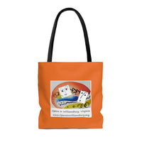 AOP Tote Bag with Opera in Williamsburg logo, orange background