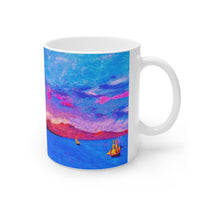 Cosi backgrounds 1, Opera in Williamsburg Virginia, White Ceramic Mug, 11oz and 15oz, artwork by Roxane Revon