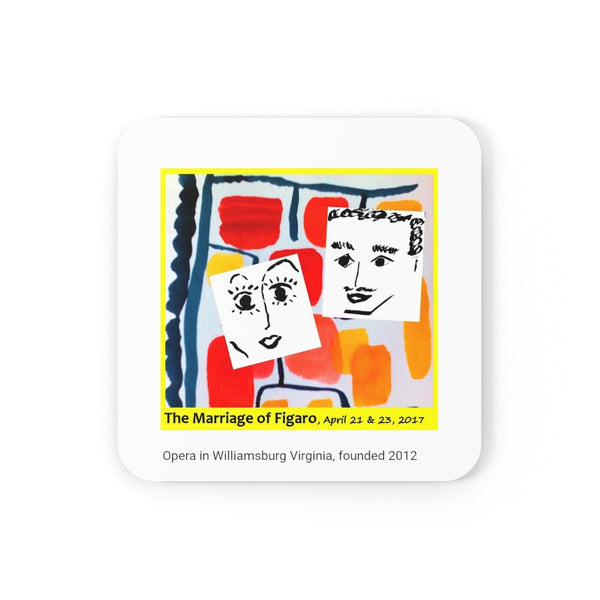 Cork back coaster with artwork from the poster for Opera in Williamsburg's Marriage of Figaro, performed April 21 and 23, 2017